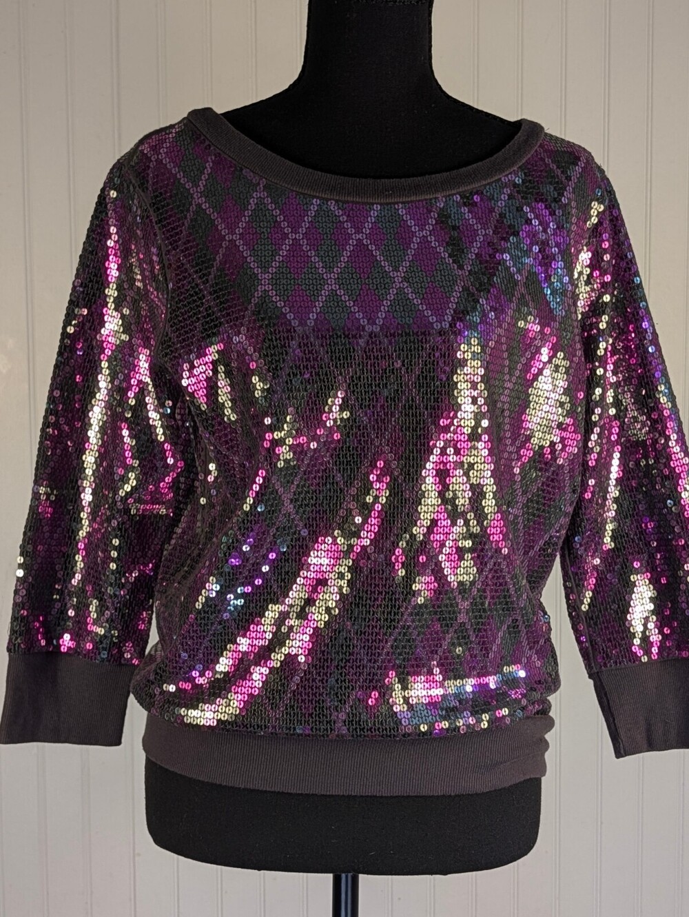 Express Women's Sequin Argyle Pattern Pullover Sweatshirt Medium